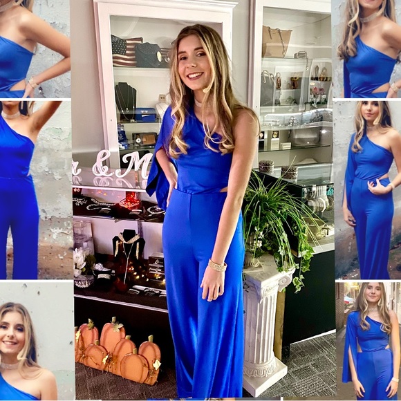 SEXY VENUS BLUE ONE SHOULDER SIDE CUT OUT JUMPSUIT ~ One Shoulder Flowy Romper - Picture 13 of 16